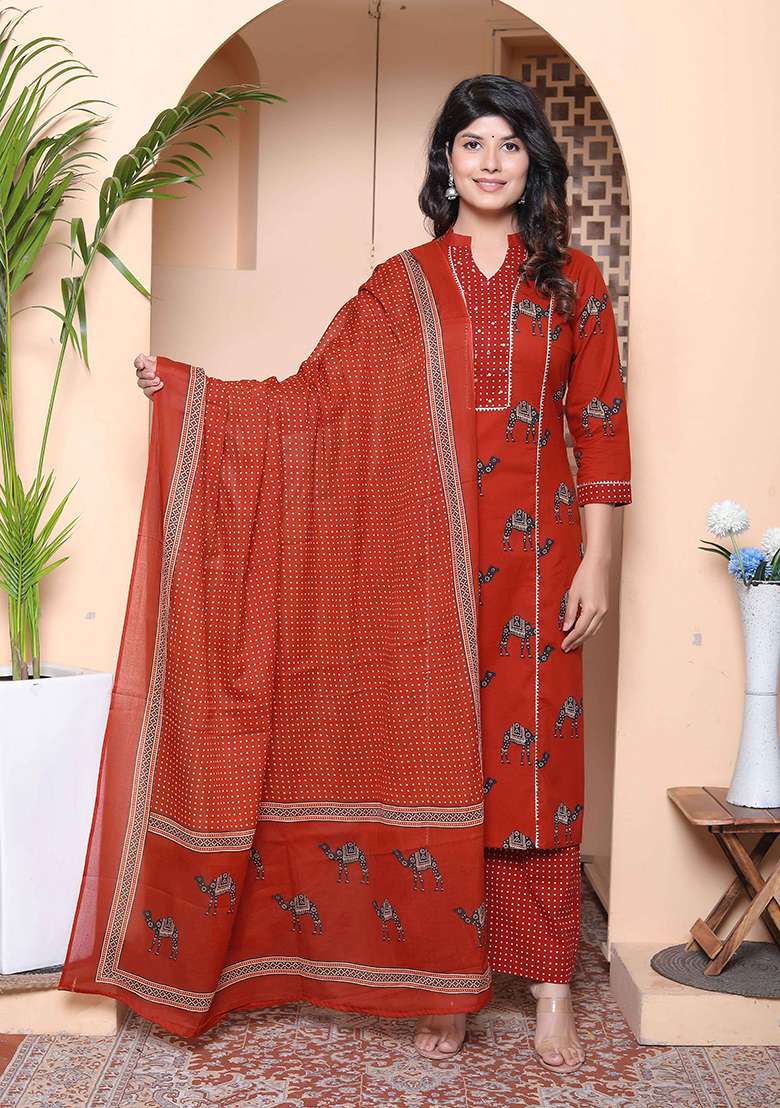 Rust Bandhani Cotton Straight Kurta Set - Indya