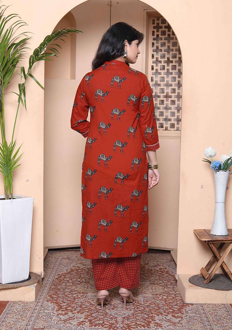 Rust Bandhani Cotton Straight Kurta Set - Indya