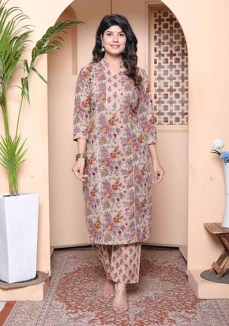 Multicolor Floral Print Cotton Straight Kurta Set - Indya