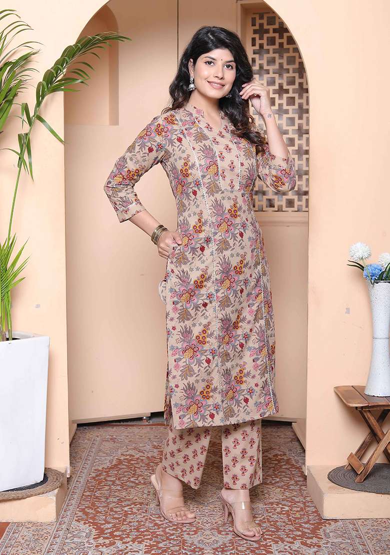 Multicolor Floral Print Cotton Straight Kurta Set - Indya