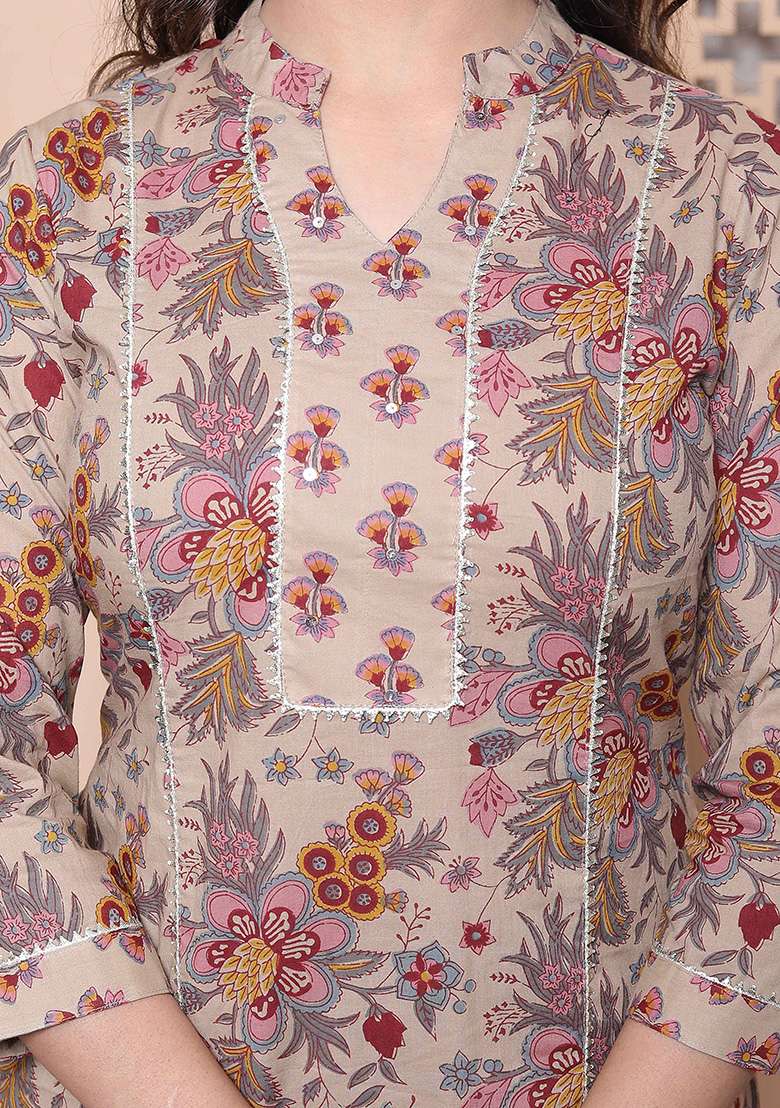 Multicolor Floral Print Cotton Straight Kurta Set - Indya