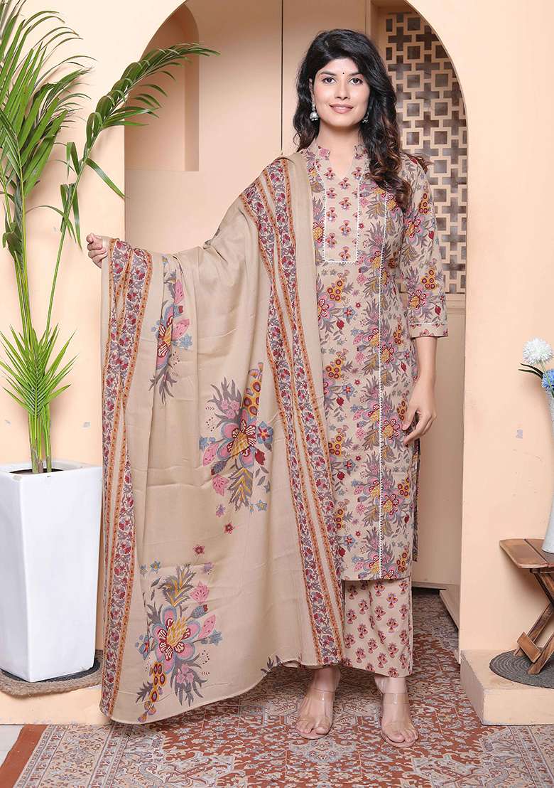 Multicolor Floral Print Cotton Straight Kurta Set - Indya