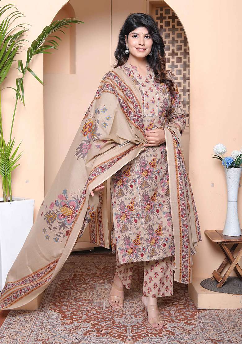 Multicolor Floral Print Cotton Straight Kurta Set - Indya