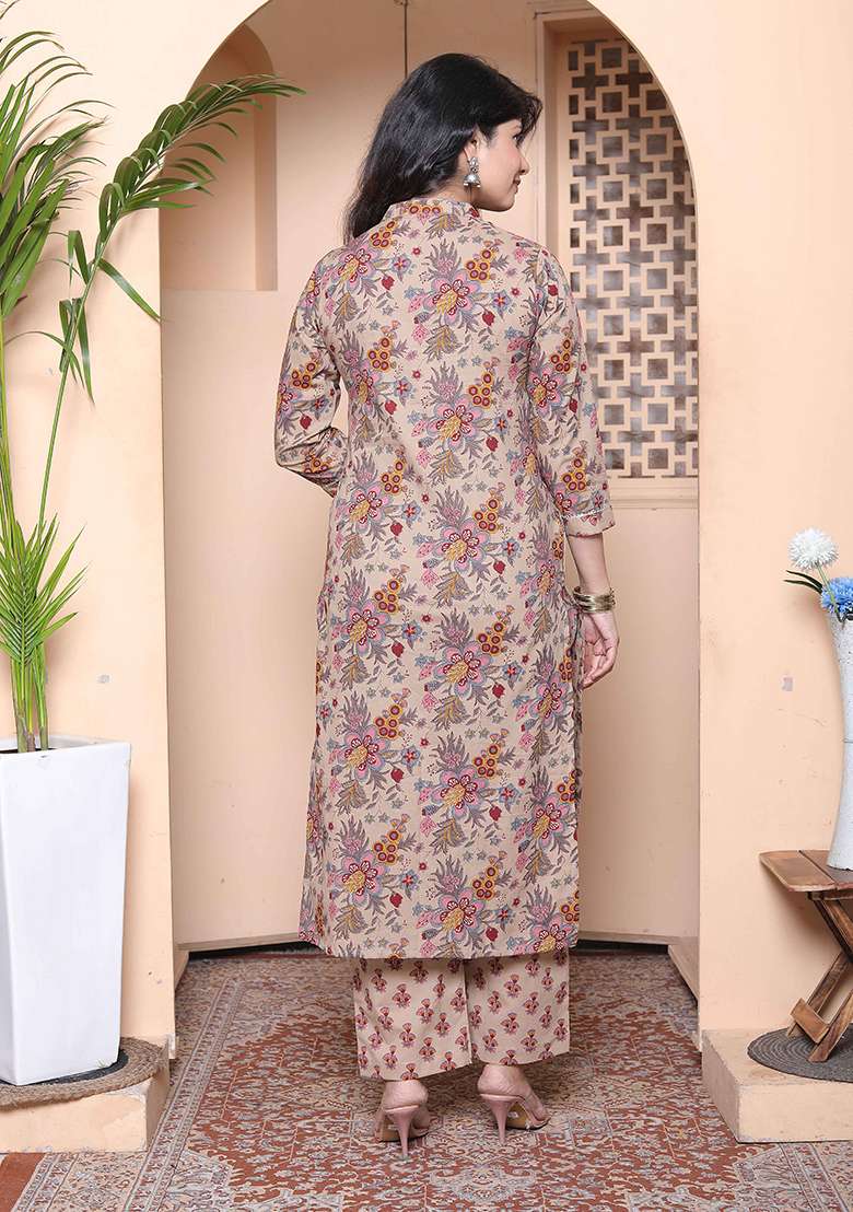 Multicolor Floral Print Cotton Straight Kurta Set - Indya