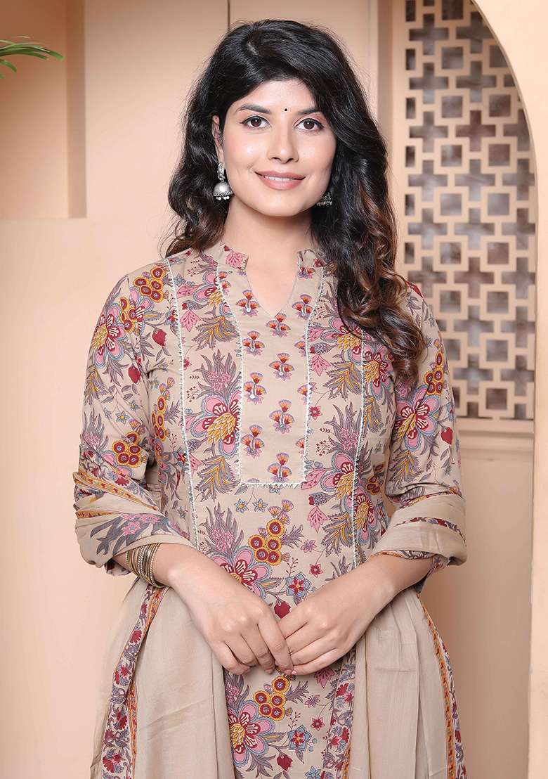 Multicolor Floral Print Cotton Straight Kurta Set - Indya