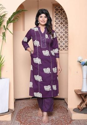 Purple Animal Print Cotton Kurta Set