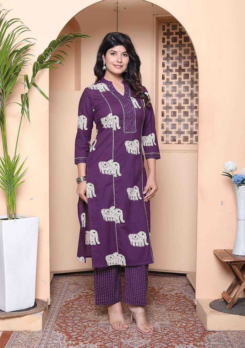 Purple Animal Print Cotton Kurta Set - Indya