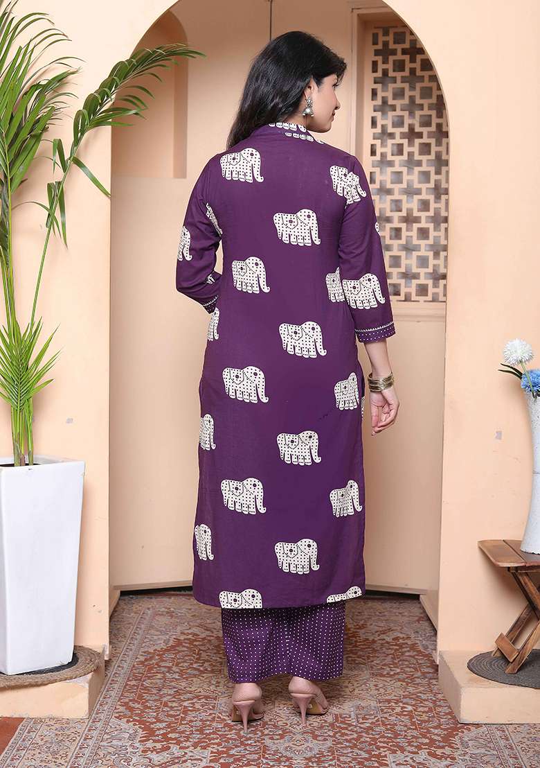 Purple Animal Print Cotton Kurta Set - Indya