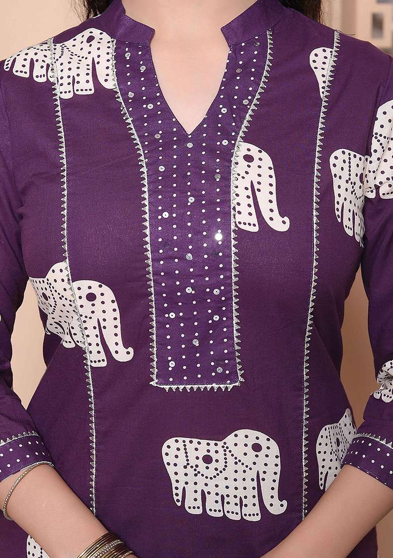 Purple Animal Print Cotton Kurta Set - Indya