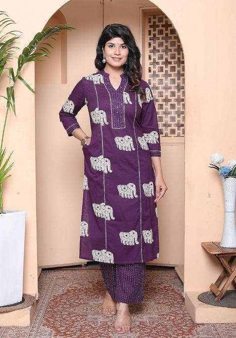 Purple Animal Print Cotton Kurta Set