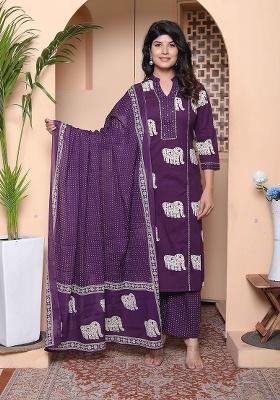 Purple Animal Print Cotton Kurta Set