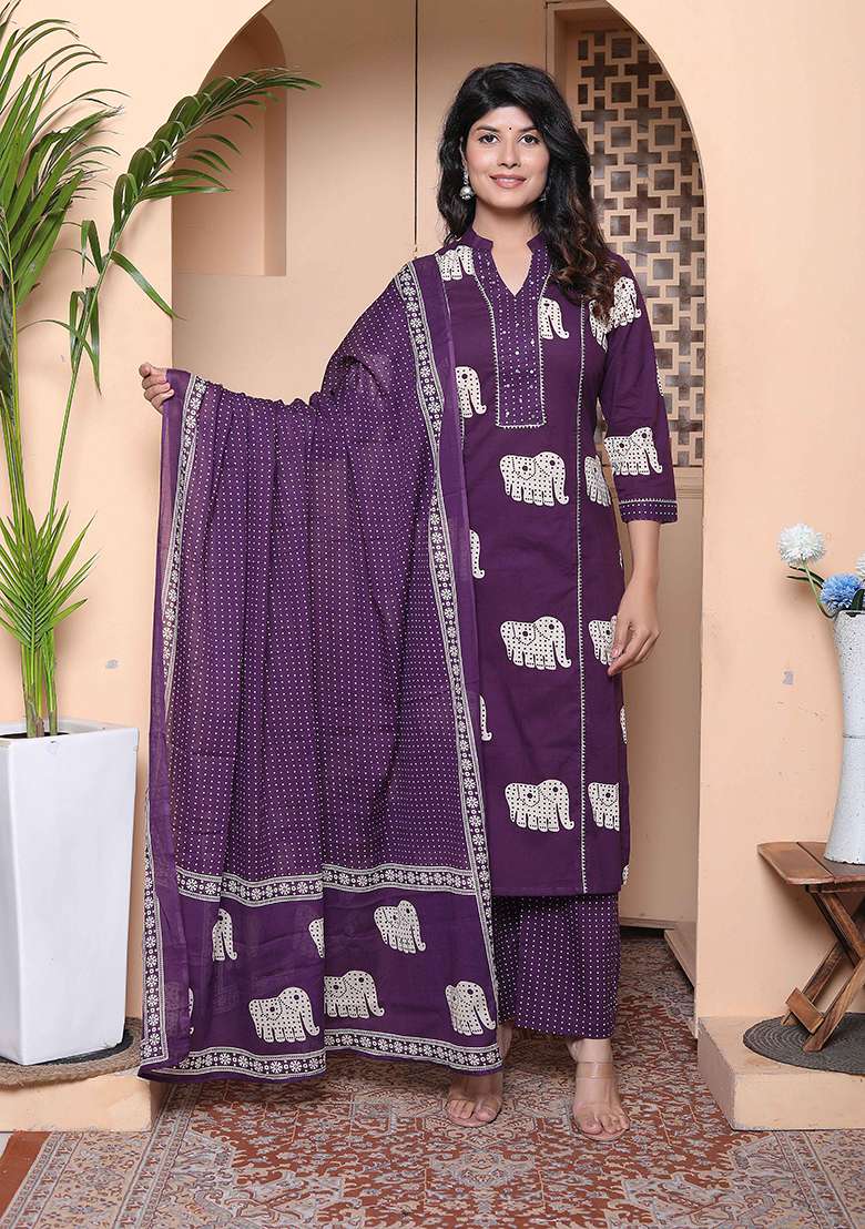 Purple Animal Print Cotton Kurta Set - Indya