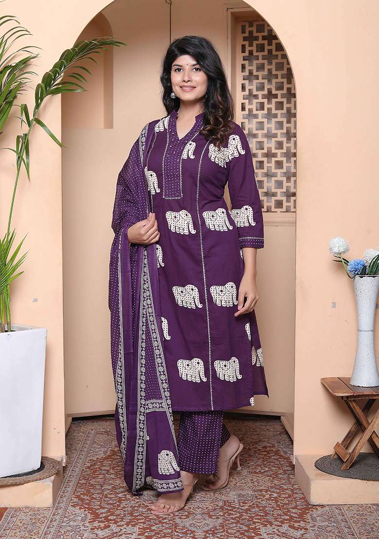 Purple Animal Print Cotton Kurta Set - Indya