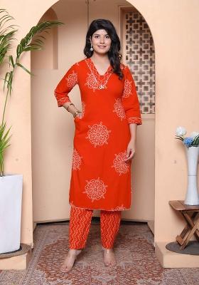 Orange Floral Cotton Kurta Set
