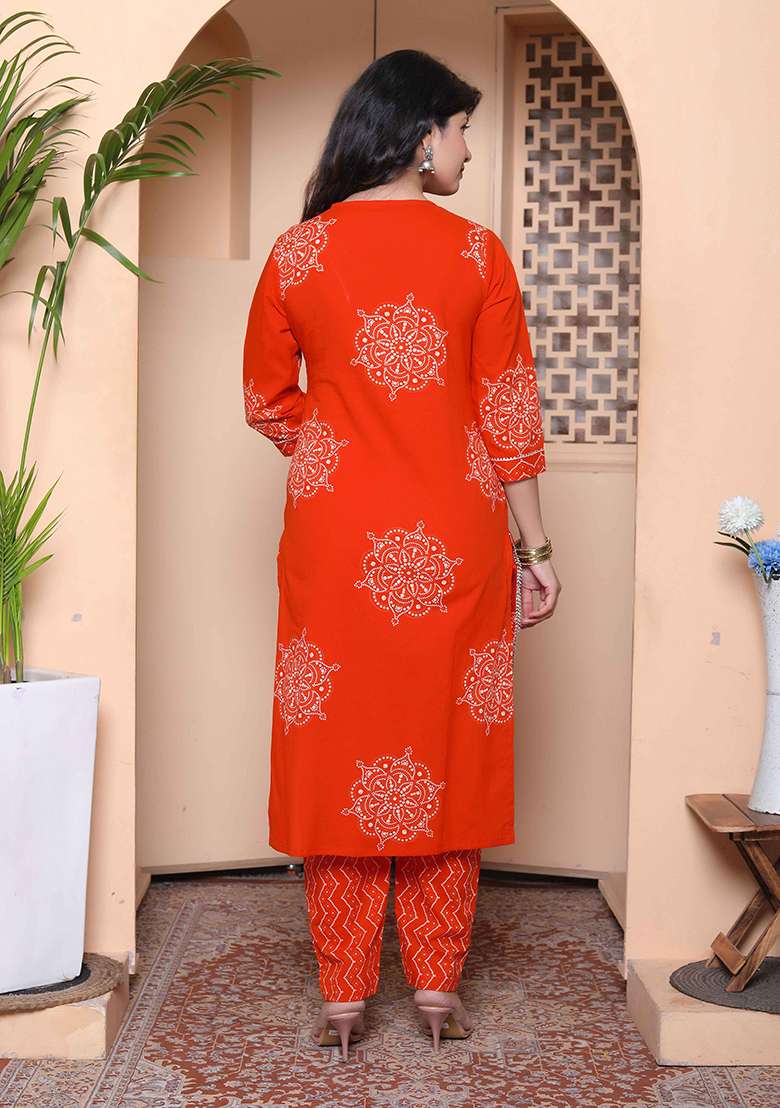 Orange Printed Cotton Straight Kurta Set - Indya