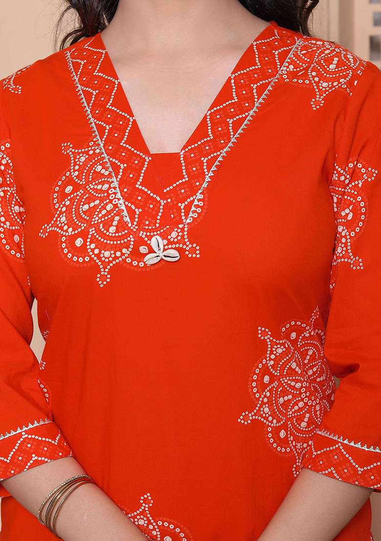 Orange Printed Cotton Straight Kurta Set - Indya
