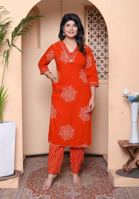 Orange Floral Cotton Kurta Set