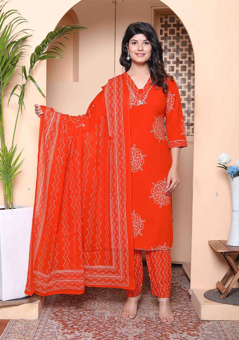 Orange Printed Cotton Straight Kurta Set - Indya