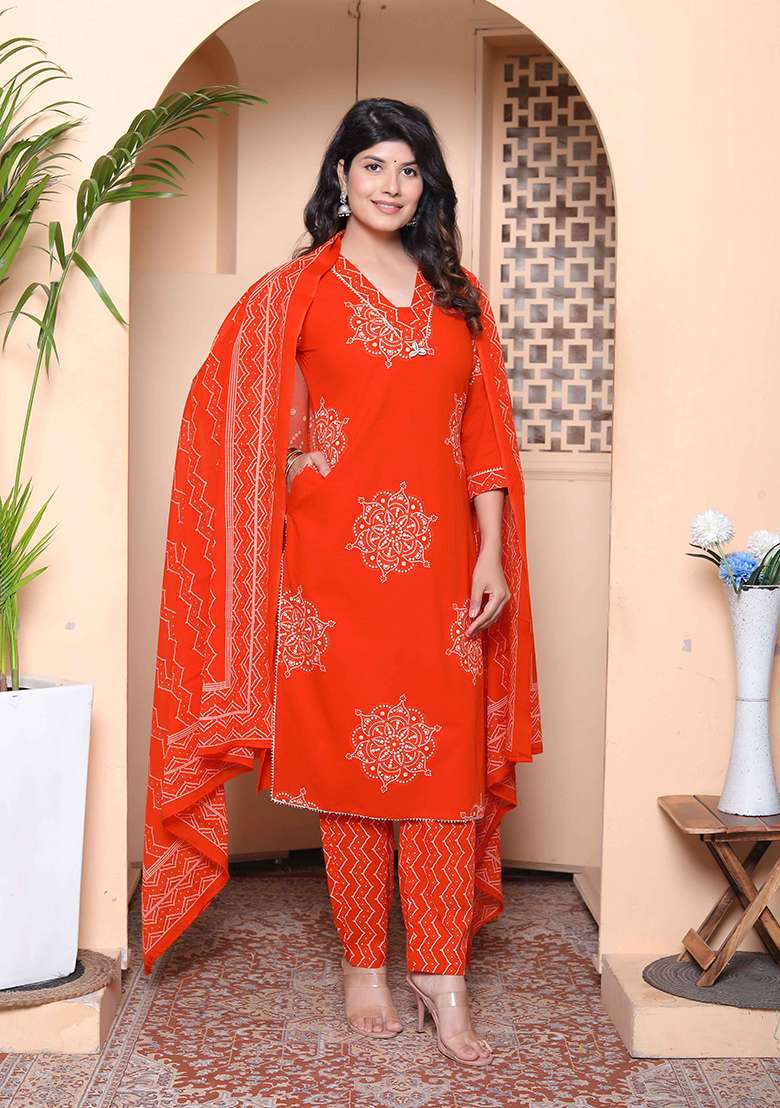 Orange Printed Cotton Straight Kurta Set - Indya