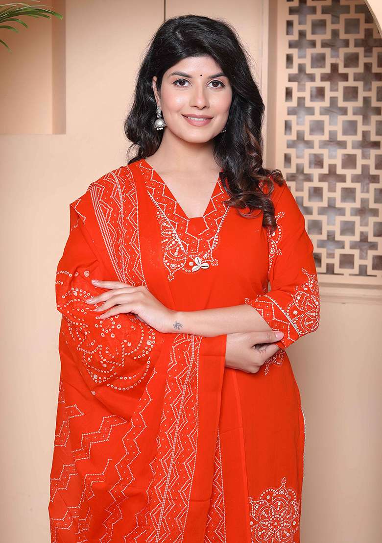 Orange Printed Cotton Straight Kurta Set - Indya