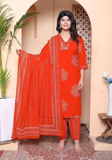 Orange Floral Cotton Kurta Set