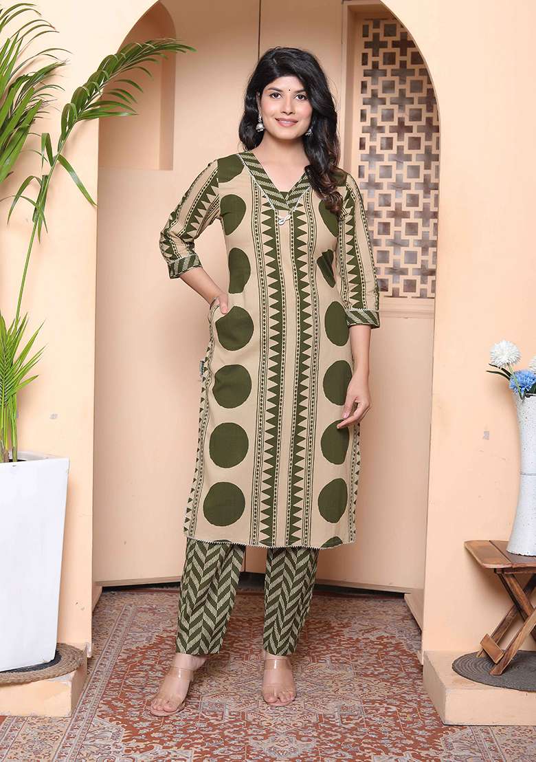 Green Printed Cotton Straight Kurta Set - Indya