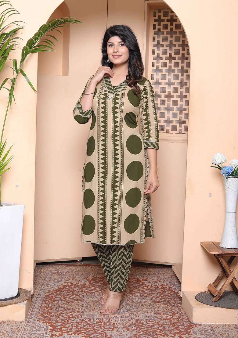 Green Printed Cotton Straight Kurta Set - Indya