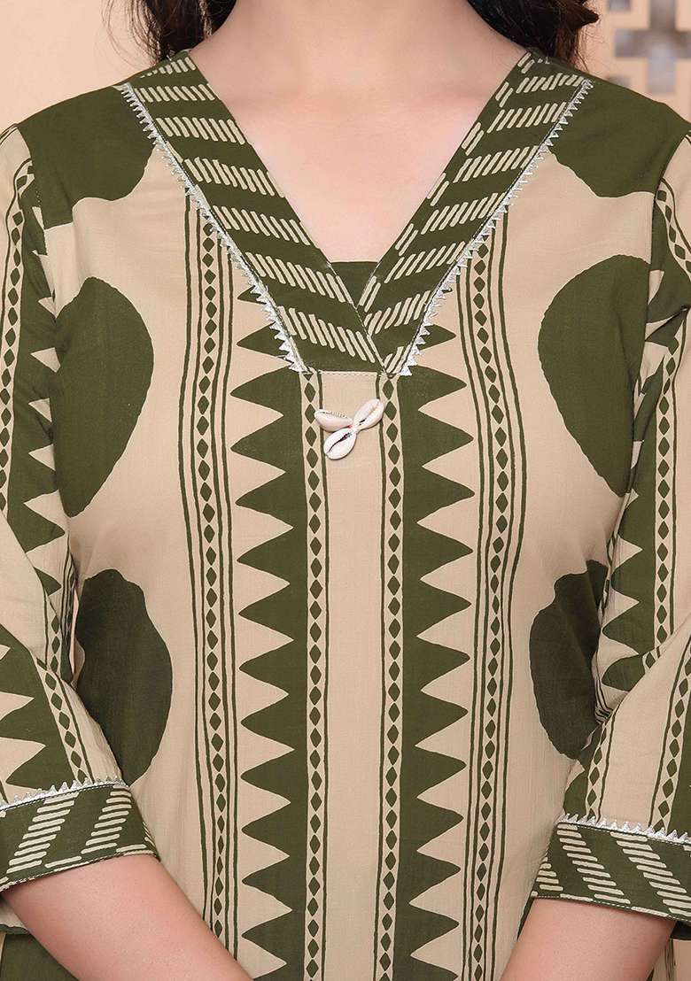 Green Printed Cotton Straight Kurta Set - Indya