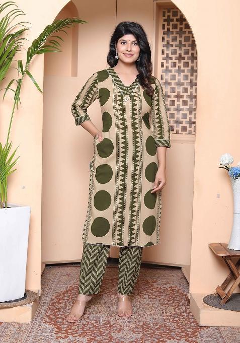 Green Polka Dot Cotton Kurta Set