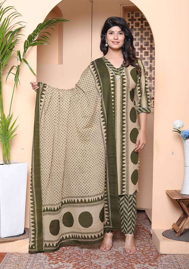 Green Printed Cotton Straight Kurta Set - Indya