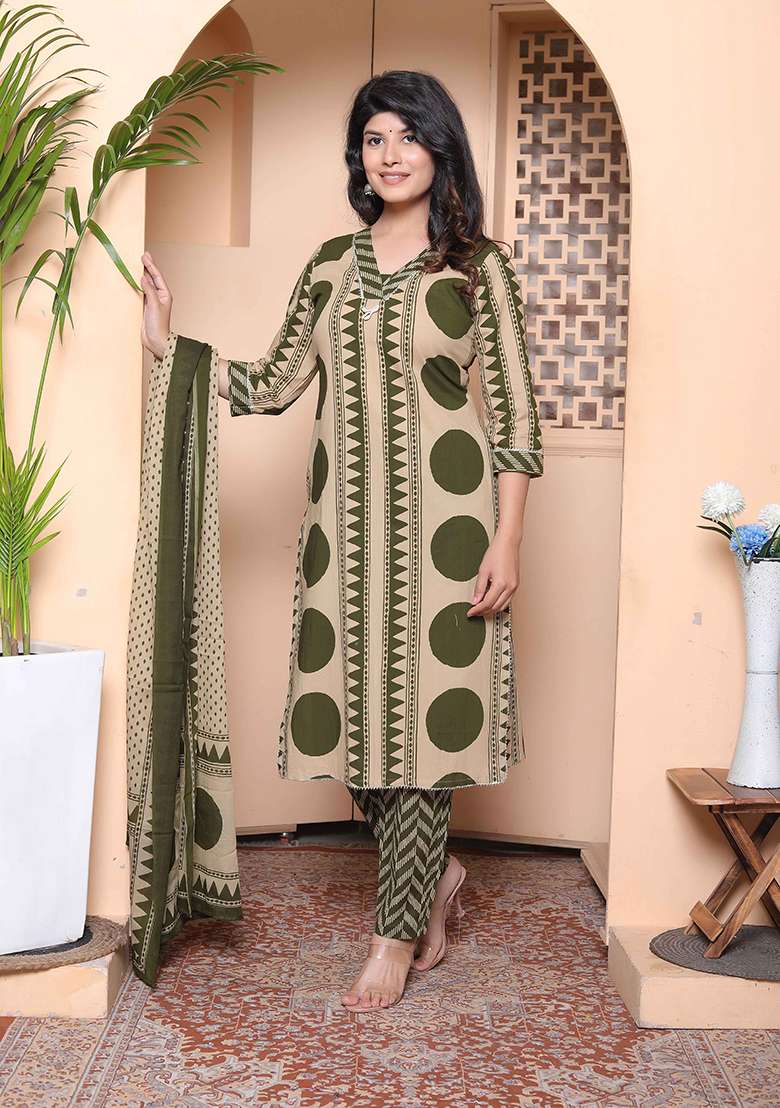 Green Printed Cotton Straight Kurta Set - Indya