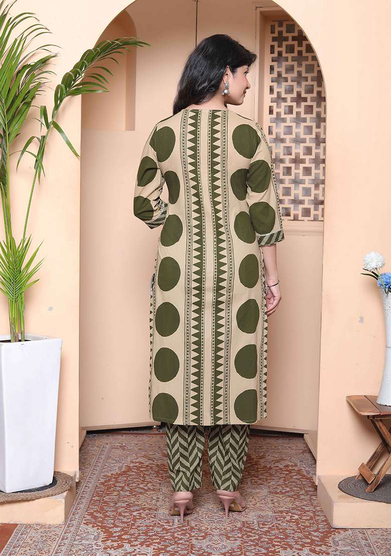 Green Printed Cotton Straight Kurta Set - Indya
