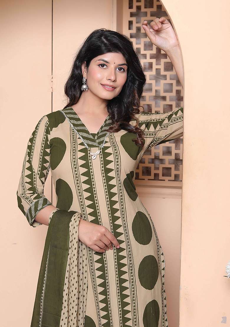 Green Printed Cotton Straight Kurta Set - Indya