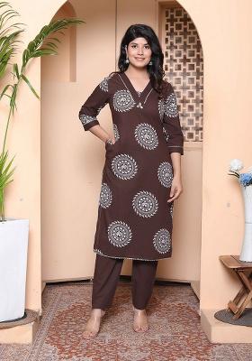 Brown Animal Print Cotton Kurta Set