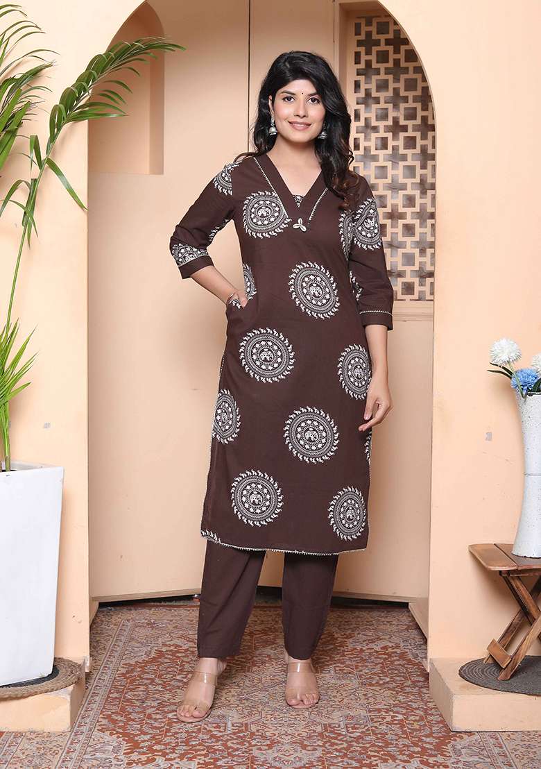 Brown Printed Cotton Straight Kurta Set - Indya