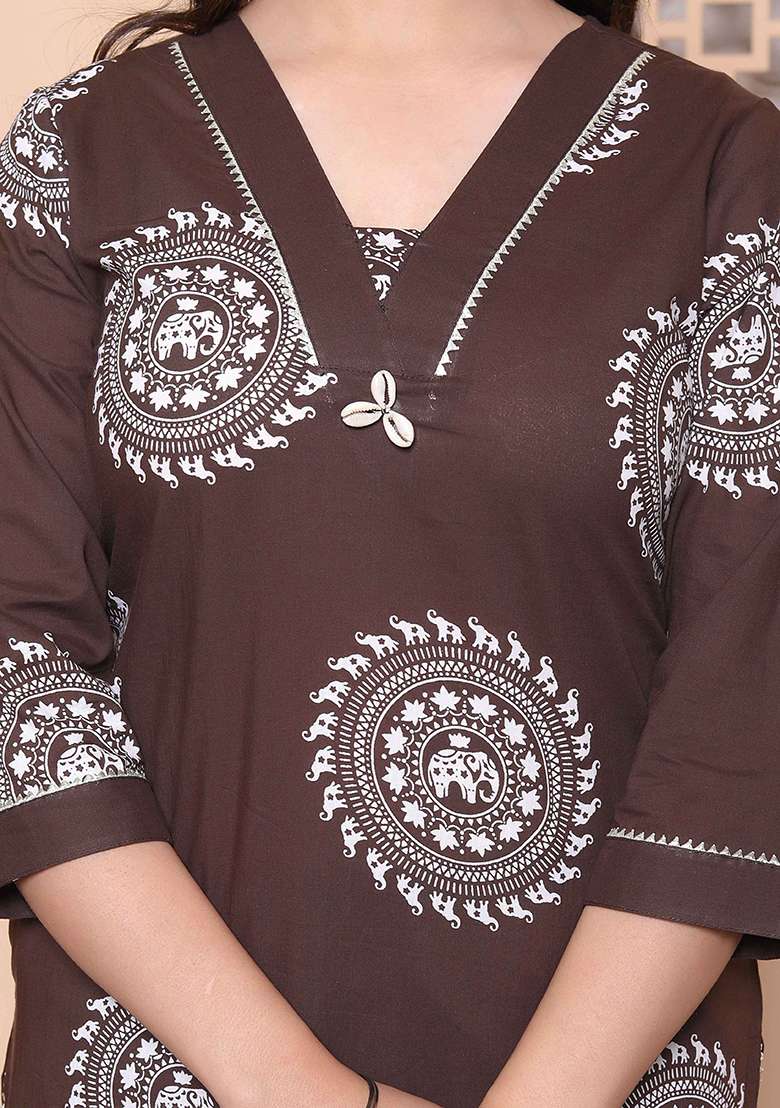 Brown Printed Cotton Straight Kurta Set - Indya