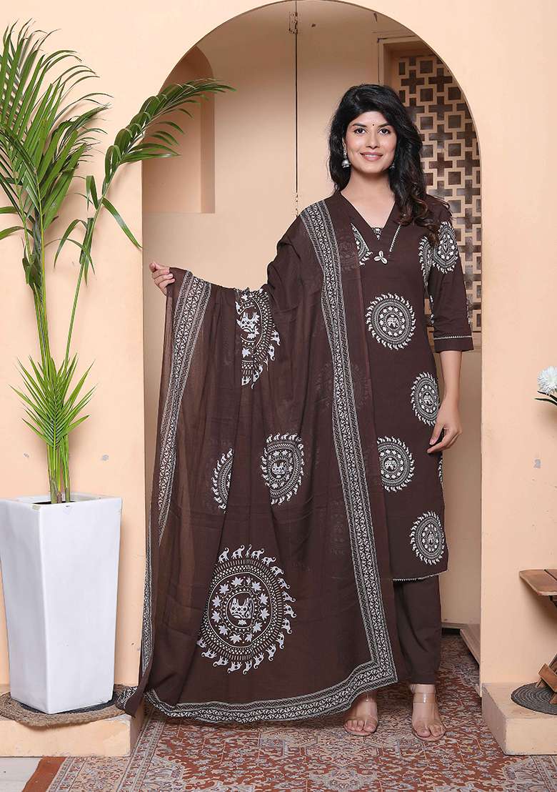 Brown Printed Cotton Straight Kurta Set - Indya