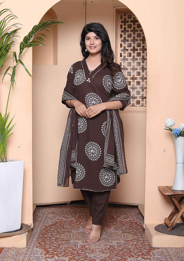 Brown Printed Cotton Straight Kurta Set - Indya