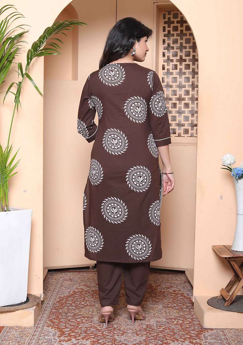 Brown Printed Cotton Straight Kurta Set - Indya