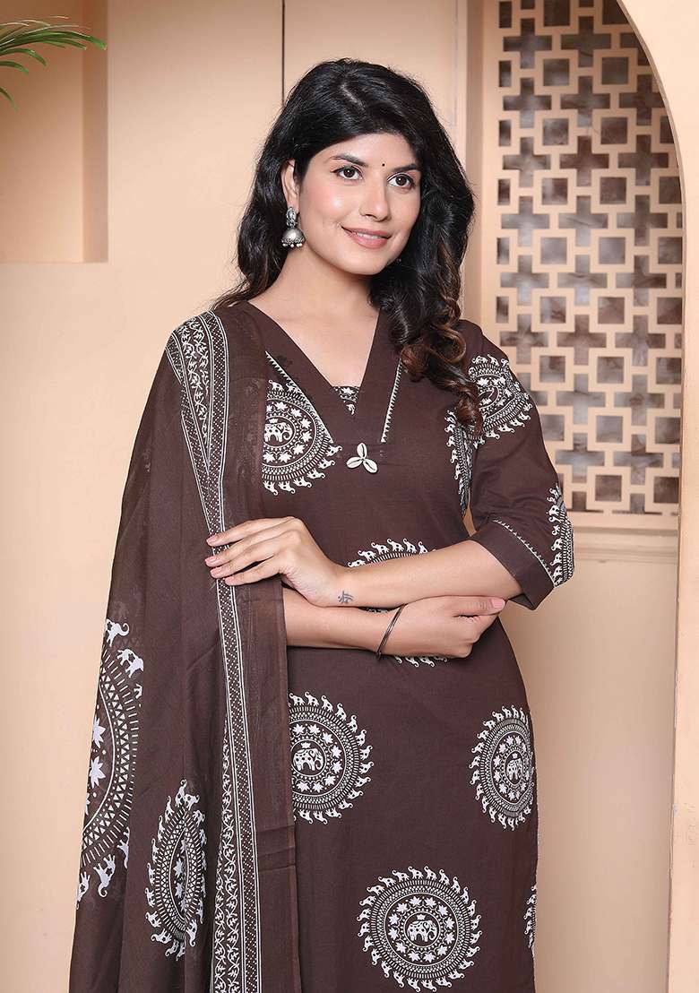 Brown Printed Cotton Straight Kurta Set - Indya