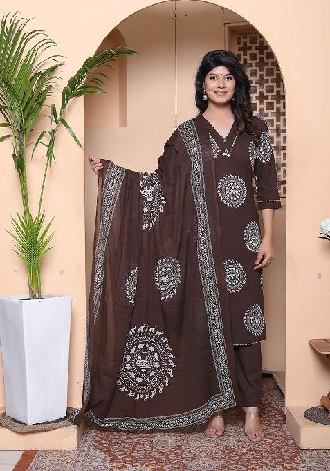 Brown Animal Print Cotton Kurta Set