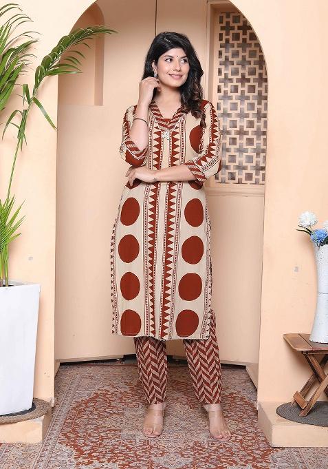 Brown Polka Dot Cotton Kurta Set