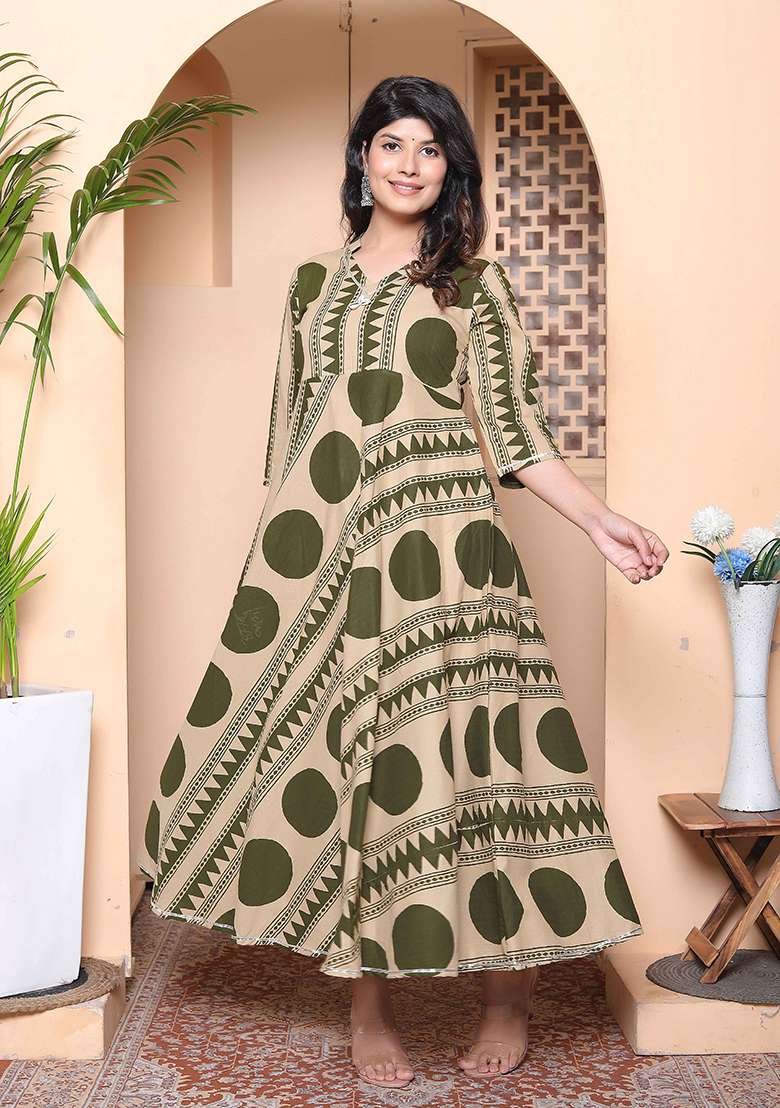 Green Polka Dot Cotton Anarkali - Indya