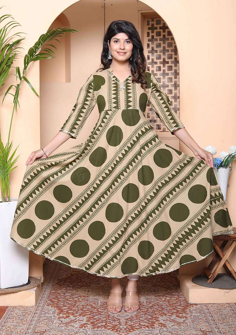 Green Polka Dot Cotton Anarkali - Indya