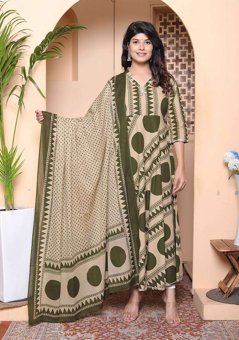 Green Polka Dot Cotton Anarkali Kurta With Dupatta - Indya