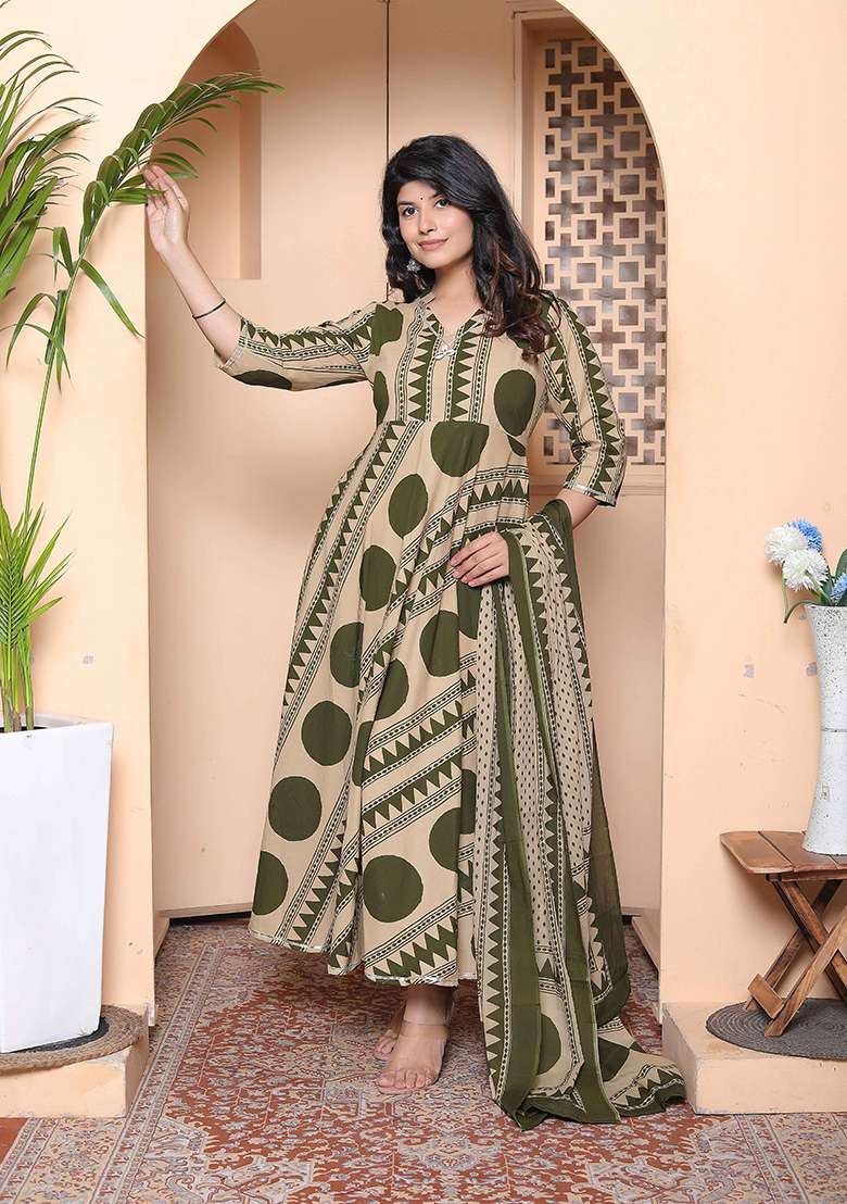 Green Polka Dot Cotton Anarkali Kurta With Dupatta - Indya