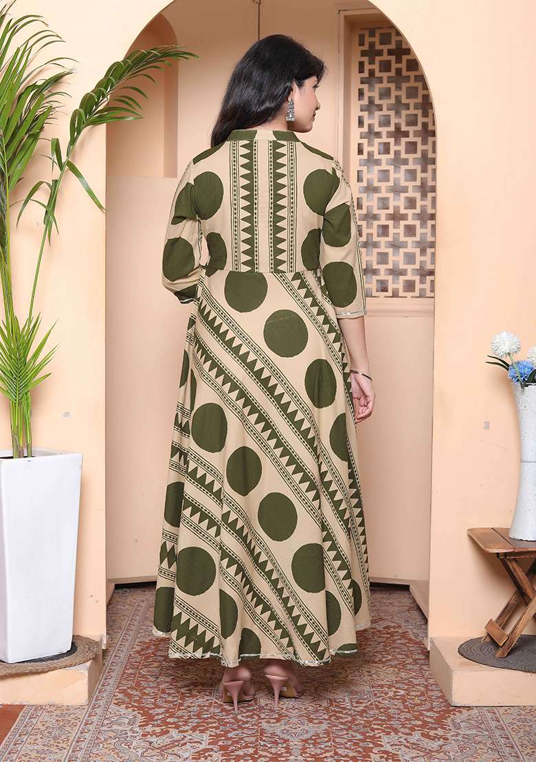 Green Polka Dot Cotton Anarkali Kurta With Dupatta - Indya