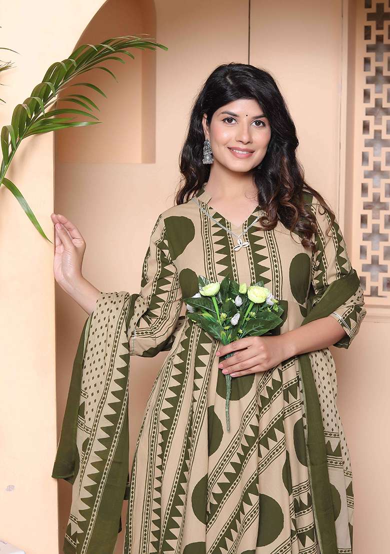 Green Polka Dot Cotton Anarkali Kurta With Dupatta - Indya