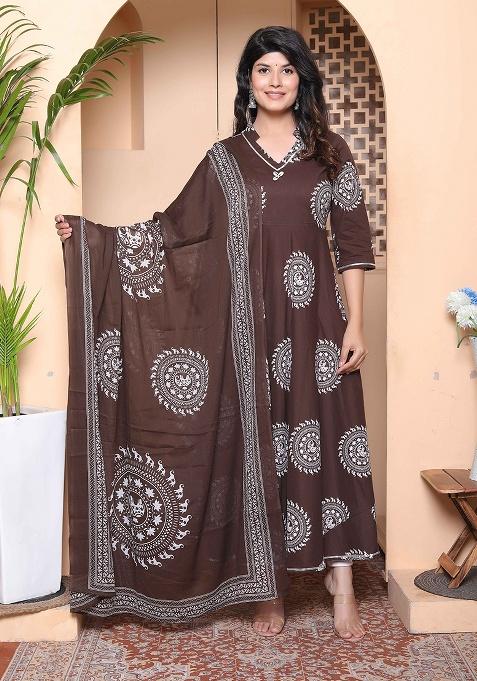 Brown Animal Print Cotton Anarkali Kurta With Dupatta