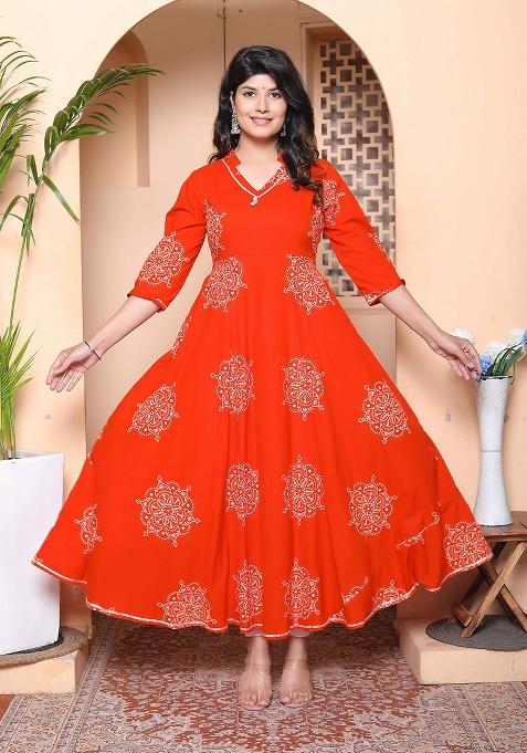 Orange Floral Cotton Anarkali